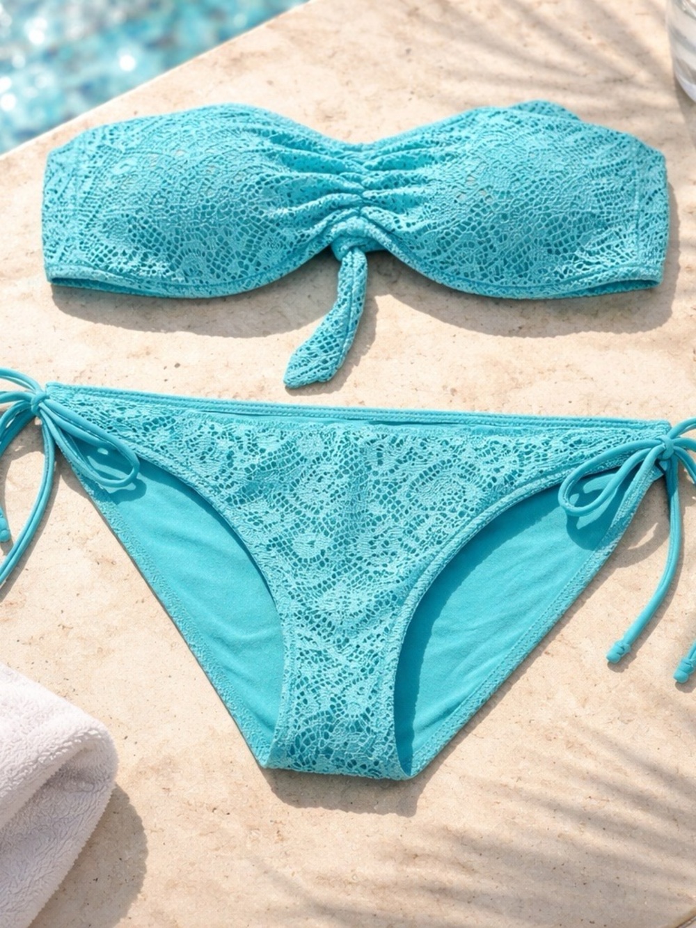 aerie Turquoise Lace Bandeau Bikini Set with Tie-Side Bottoms